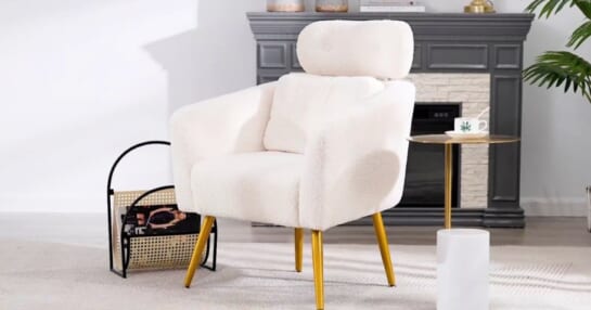 yaheetech boucle accent chair in white in front of mantel