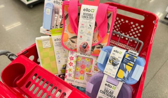 a target shopping cart filled with ello food storage items